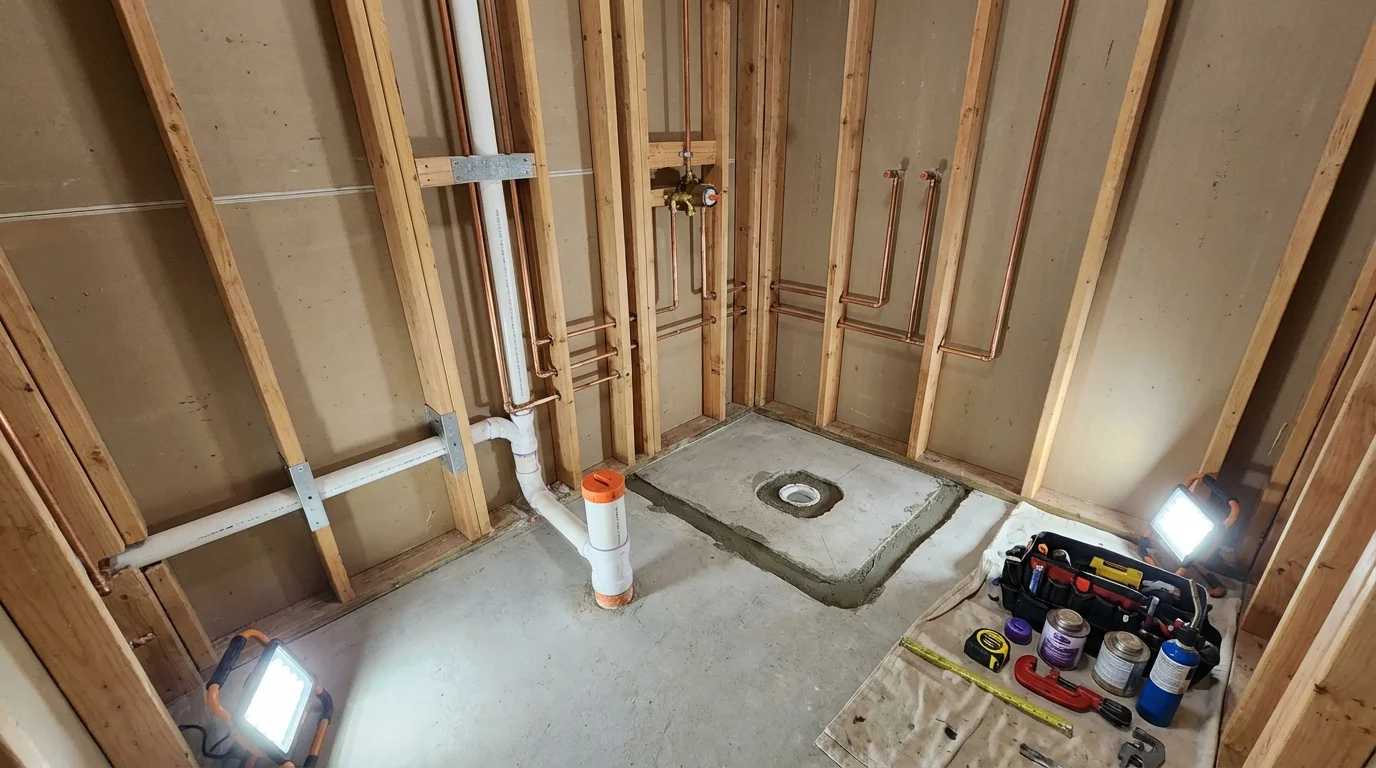 Bathroom rough-in plumbing during remodel by Johns Plumbing LLC in Mullins
